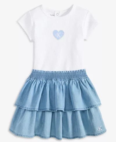 Baby Girls Ribbed Logo Bodysuit & Denim Skirt, 2 Piece Set - Blue #20850568 - Image 2