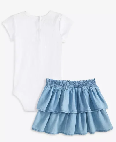 Baby Girls Ribbed Logo Bodysuit & Denim Skirt, 2 Piece Set - Blue #20850568 - Image 3