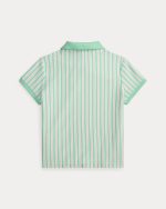 Striped Oxford Mesh Boxy Polo Shirt Girls-Green - Image 2