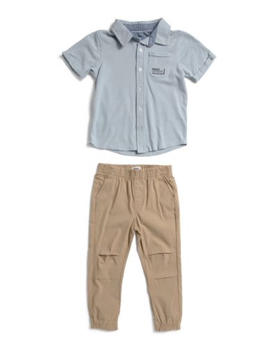 DKNY Boys 2pc Short Sleeve Button Down Top And Tech Joggers Set - Tan #1001057704 - Image 1