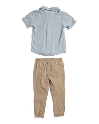 DKNY Boys 2pc Short Sleeve Button Down Top And Tech Joggers Set - Tan #1001057704 - Image 2