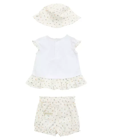 GUESS Baby Girls 3-Piece Short Sleeve T-Shirt, Shorts, and Bucket Hat Set - White - Image 2