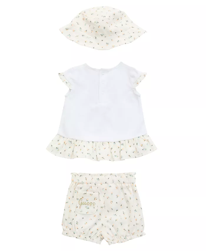 32499011_fpx GUESS Baby Girls 3-Piece Short Sleeve T-Shirt, Shorts, and Bucket Hat Set - White - Image 2