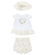 GUESS Baby Girls 3-Piece Short Sleeve T-Shirt, Shorts, and Bucket Hat Set - White