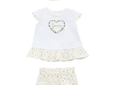 GUESS Baby Girls 3-Piece Short Sleeve T-Shirt, Shorts, and Bucket Hat Set - White