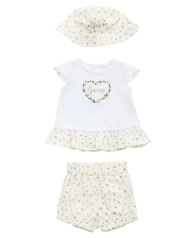 GUESS Baby Girls 3-Piece Short Sleeve T-Shirt, Shorts, and Bucket Hat Set - White - Image 1