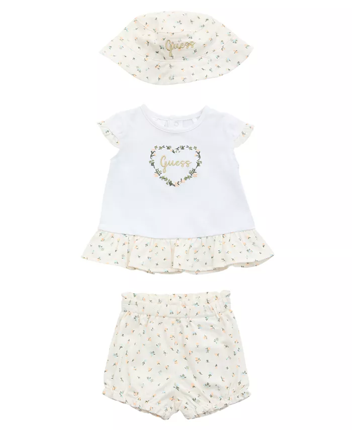 32499018_fpx GUESS Baby Girls 3-Piece Short Sleeve T-Shirt, Shorts, and Bucket Hat Set - White - Image 1