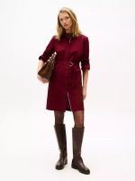 Long-Sleeve Belted Oxford Shirtdress-Burgundy