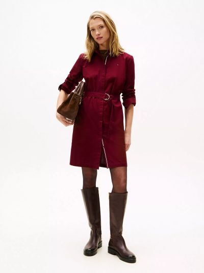Long-Sleeve Belted Oxford Shirtdress-Burgundy - Image 1