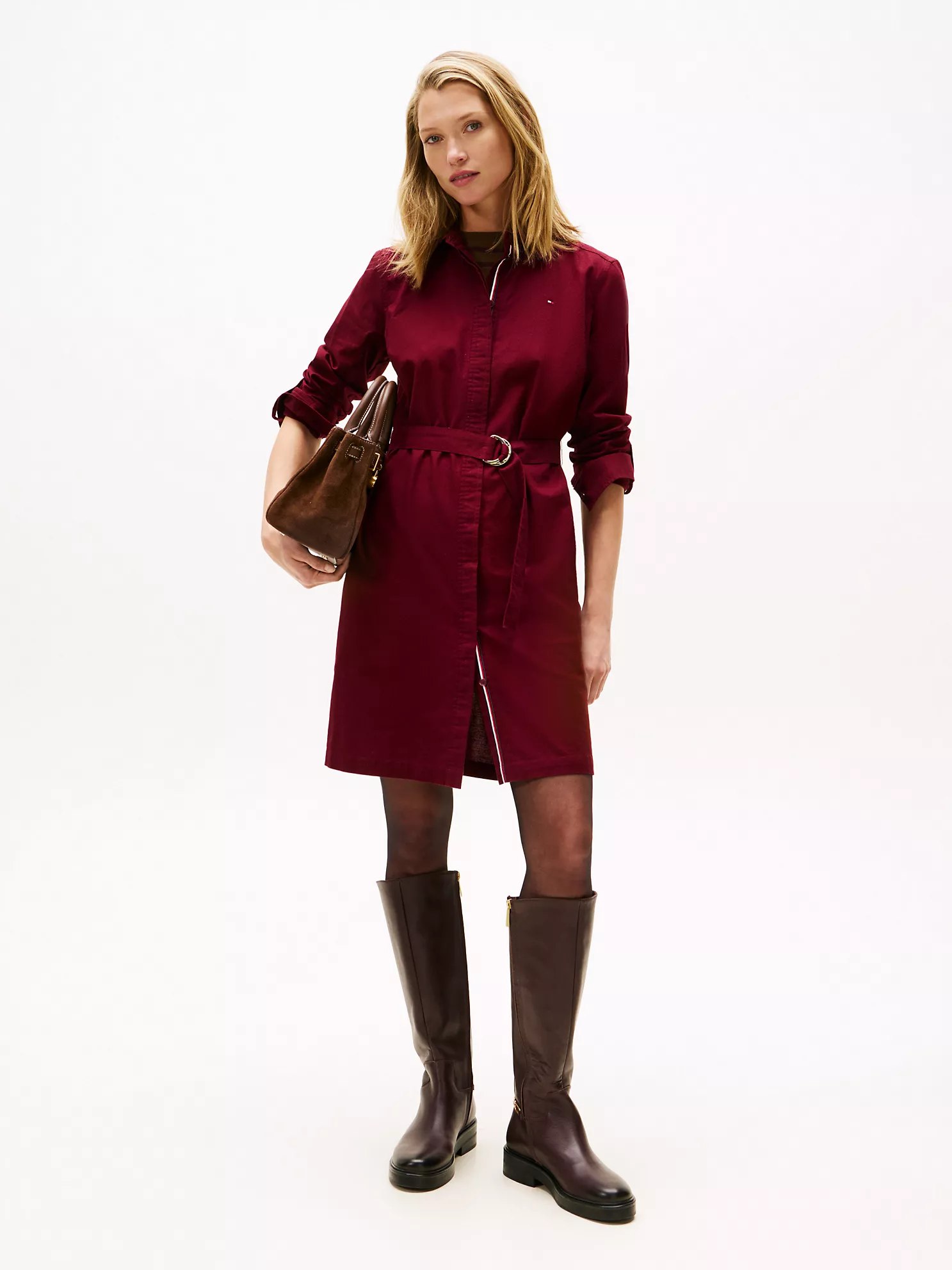 6276022842935676003 Long-Sleeve Belted Oxford Shirtdress-Burgundy - Image 1