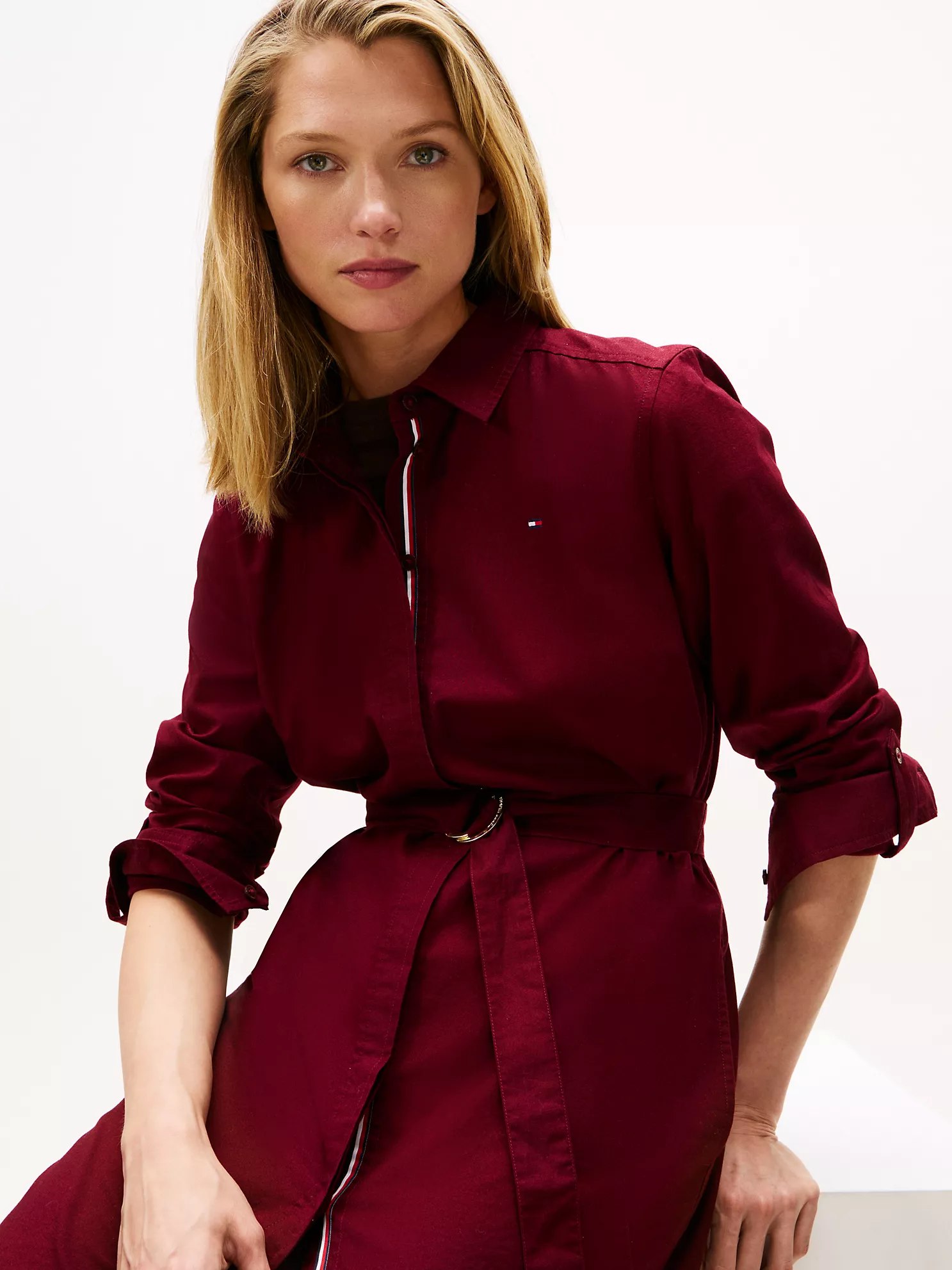 6276022842935676004 Long-Sleeve Belted Oxford Shirtdress-Burgundy - Image 2