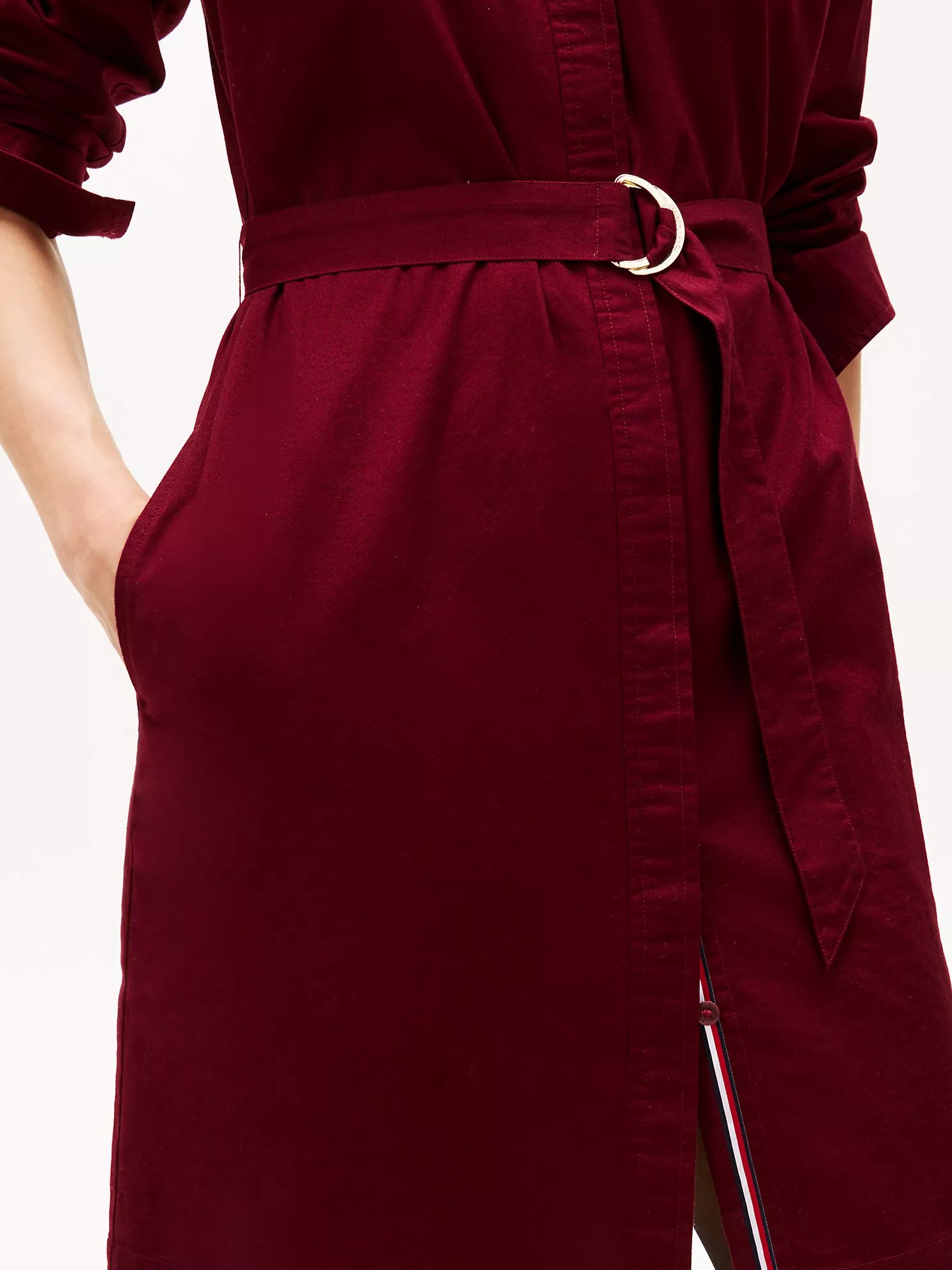 6276022842935676005 Long-Sleeve Belted Oxford Shirtdress-Burgundy - Image 3