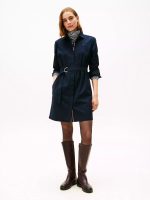 Long-Sleeve Belted Oxford Shirtdress-Navy Blue