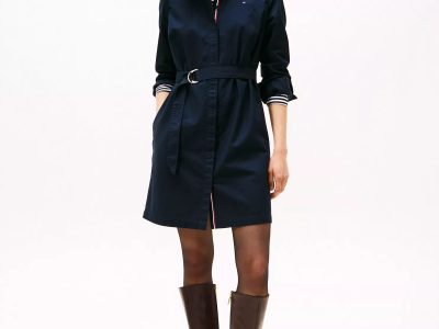 Long-Sleeve Belted Oxford Shirtdress-Navy Blue