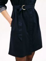 Long-Sleeve Belted Oxford Shirtdress-Navy Blue - Image 3
