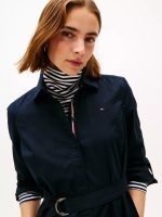 Long-Sleeve Belted Oxford Shirtdress-Navy Blue - Image 2
