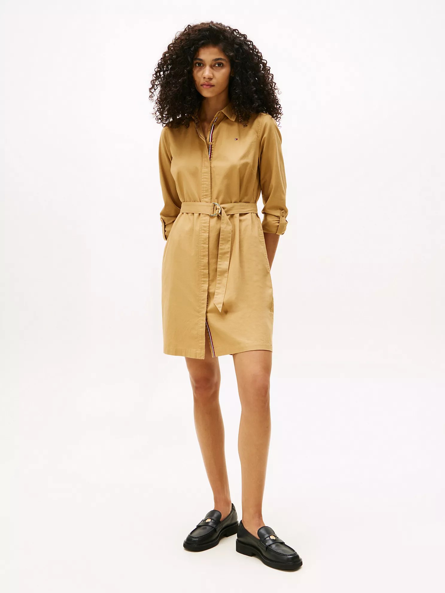 6276022842935676011 Long-Sleeve Belted Oxford Shirtdress-Classic Khaki - Image 1