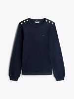 Gold-Button Crewneck T-Shirt-Navy Blue - Image 3