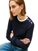 Gold-Button Crewneck T-Shirt-Navy Blue - Image 2