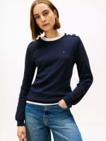 Gold-Button Crewneck T-Shirt-Navy Blue