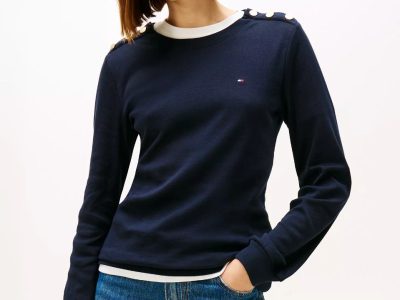 Gold-Button Crewneck T-Shirt-Navy Blue