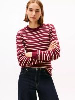 Gold-Button Stripe Crewneck T-Shirt-Burgundy