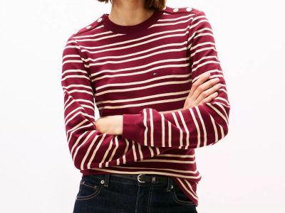 Gold-Button Stripe Crewneck T-Shirt-Burgundy