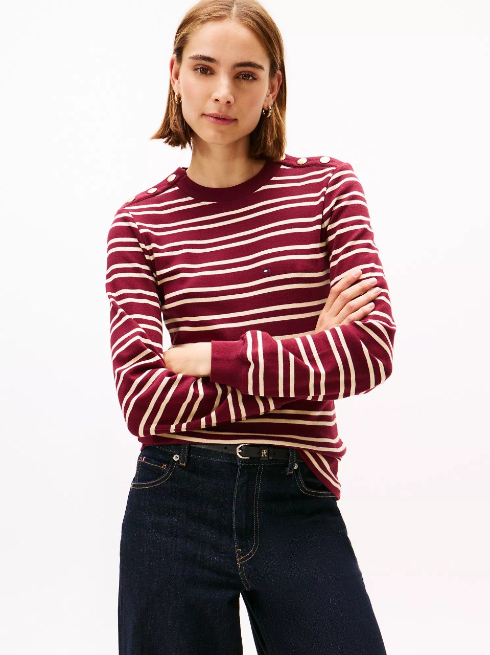 6298381046814281073 Gold-Button Stripe Crewneck T-Shirt-Burgundy - Image 1