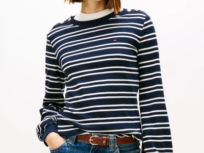 Gold-Button Stripe Crewneck T-Shirt Women-Navy Blue