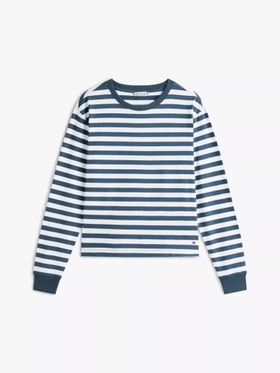 Long-Sleeve Stripe Crewneck T-Shirt Women -Military Denim #XW06017 - Image 3