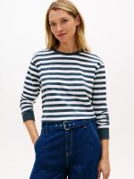 Long-Sleeve Stripe Crewneck T-Shirt Women -Military Denim #XW06017