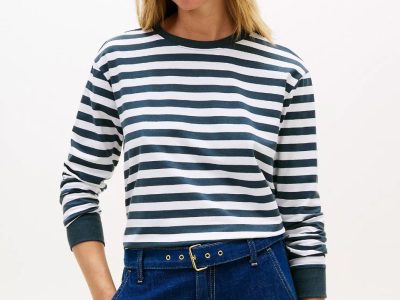 Long-Sleeve Stripe Crewneck T-Shirt Women -Military Denim #XW06017