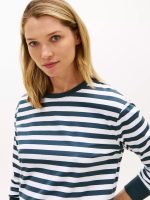 Long-Sleeve Stripe Crewneck T-Shirt Women -Military Denim #XW06017 - Image 2