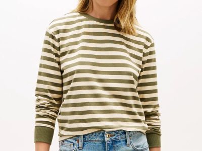 Long-Sleeve Stripe Crewneck T-Shirt Women -Utility Olive #XW06017