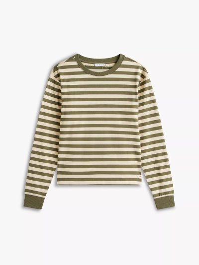 Long-Sleeve Stripe Crewneck T-Shirt Women -Utility Olive #XW06017 - Image 2