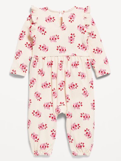 Long-Sleeve Ruffle-Trim Ribbed Jumpsuit for Baby - Candy Cane Print - Image 2