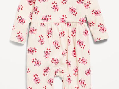 Long-Sleeve Ruffle-Trim Ribbed Jumpsuit for Baby - Candy Cane Print