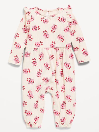 Long-Sleeve Ruffle-Trim Ribbed Jumpsuit for Baby - Candy Cane Print - Image 1
