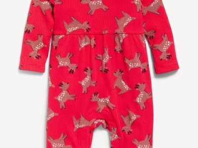 Long-Sleeve Ruffle-Trim Ribbed Jumpsuit for Baby - Red Reindeer