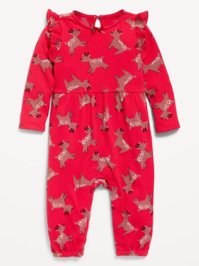 Long-Sleeve Ruffle-Trim Ribbed Jumpsuit for Baby - Red Reindeer - Image 1