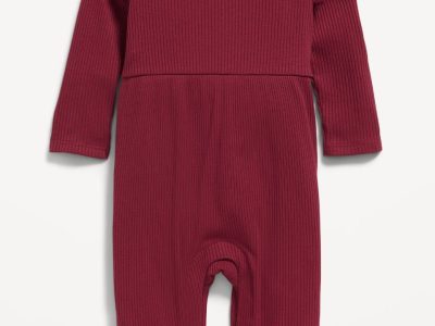 Long-Sleeve Ruffle-Trim Ribbed Jumpsuit for Baby - Cherry Red