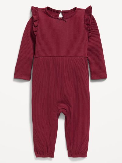 Long-Sleeve Ruffle-Trim Ribbed Jumpsuit for Baby - Cherry Red - Image 1