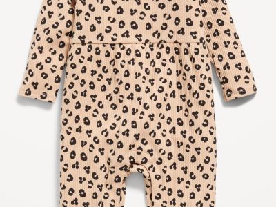 Long-Sleeve Ruffle-Trim Ribbed Jumpsuit for Baby - Leopard