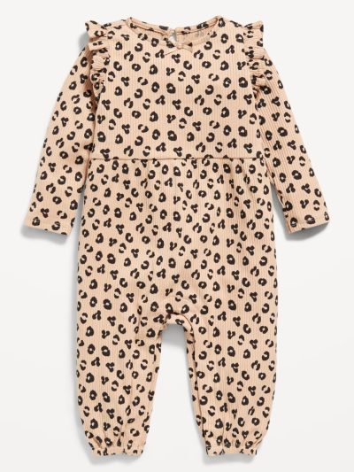 Long-Sleeve Ruffle-Trim Ribbed Jumpsuit for Baby - Leopard - Image 1