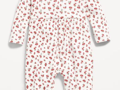 Long-Sleeve Ruffle-Trim Ribbed Jumpsuit for Baby - White Ditsy Floral