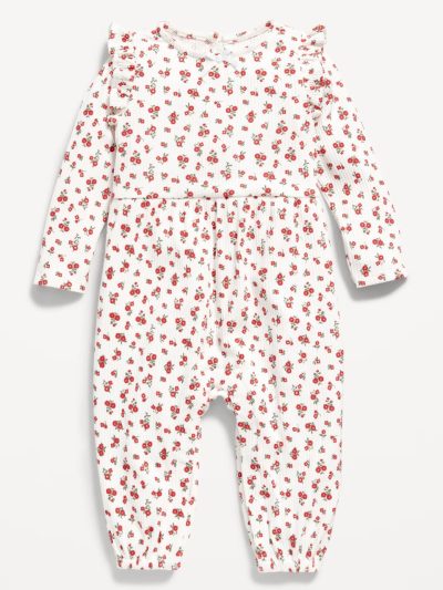 Long-Sleeve Ruffle-Trim Ribbed Jumpsuit for Baby - White Ditsy Floral - Image 1