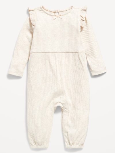 Long-Sleeve Ruffle-Trim Ribbed Jumpsuit for Baby - Oatmeal Heather - Image 1