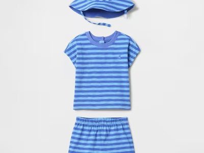 Baby Organic Cotton Three-Piece Outfit Set - Blue Stripe