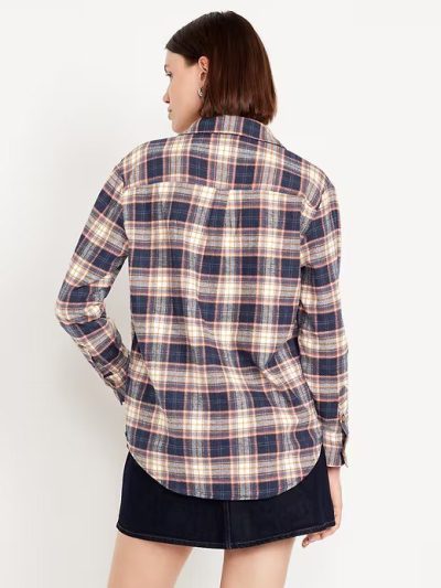 Plaid Flannel Button-Down Boyfriend Shirt - Navy Plaid (Regular) - Image 2