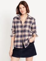 Plaid Flannel Button-Down Boyfriend Shirt - Navy Plaid (Regular)